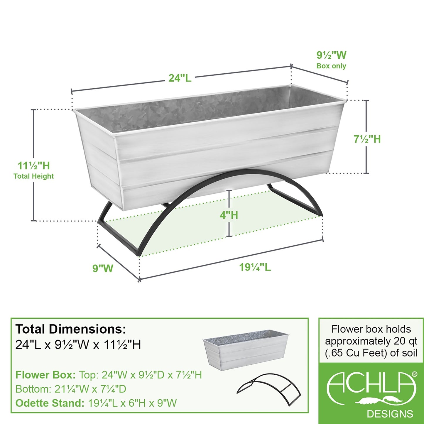 ACHLA Odette 24in Medium Flower Box Stand | Wrought Iron and Galvanized Steel | Patio & Balcony Container Gardening | 10 x 24 x 12 in | Model C-20W-S