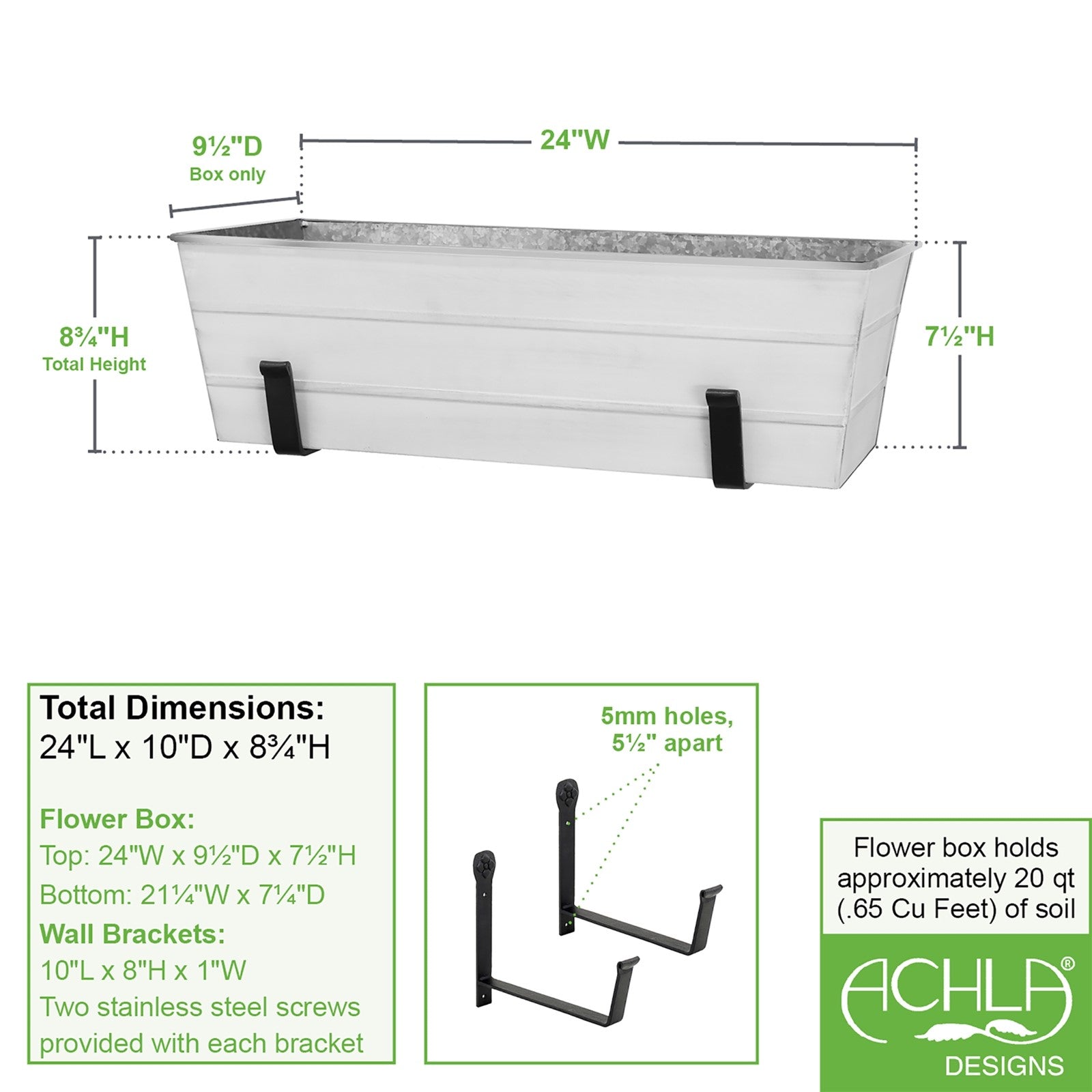 ACHLA Medium Flower Box with Wall Brackets | Cape Cod White Galvanized Steel and Black Wrought Iron | Front Porch & Balcony Planter | Model C-20W-WM