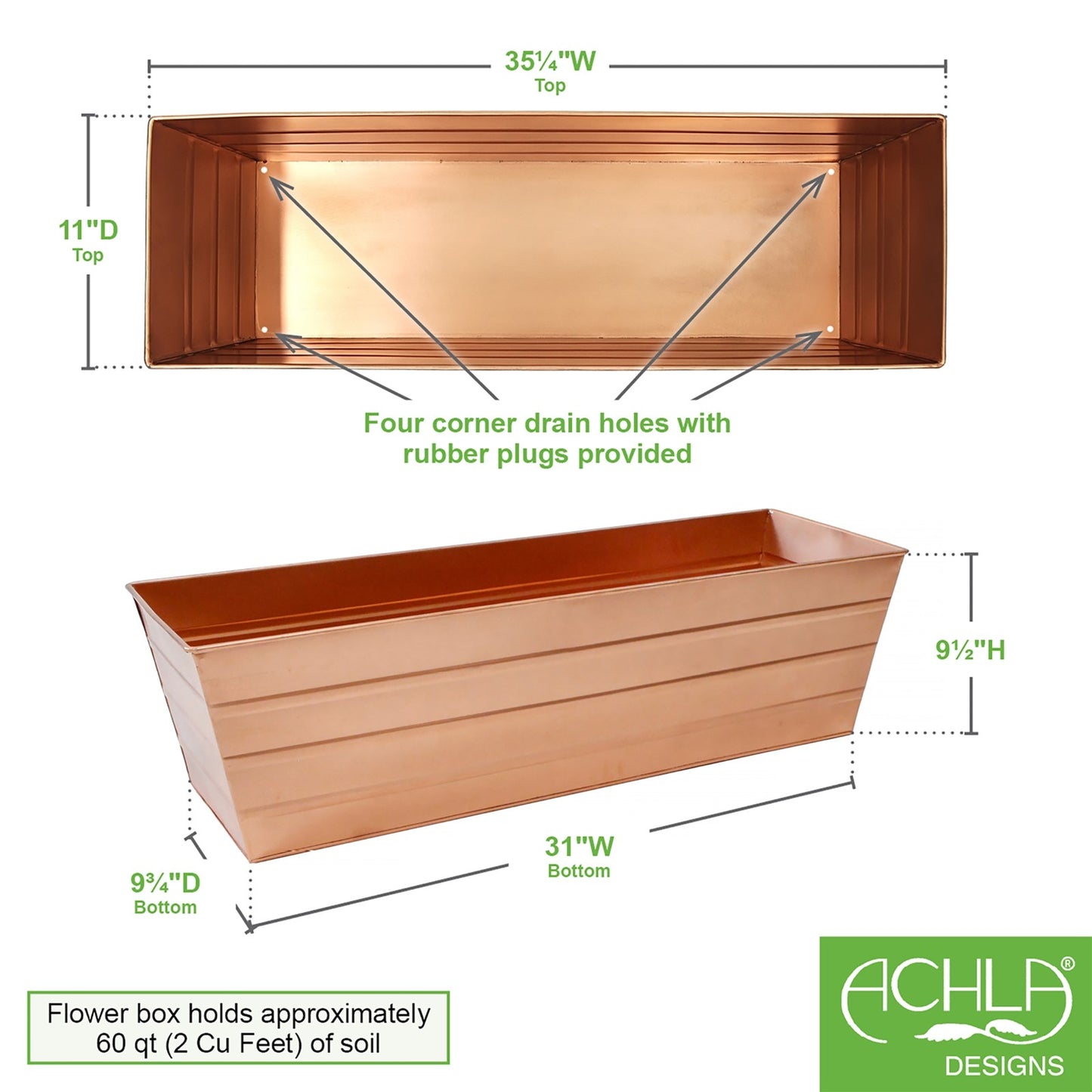 ACHLA Copper Plated Window Box 35.5in | Rustic Tin with Copper Finish | Deck & Window Planter | 35.5 x 12 x 9 in | Model C-21C