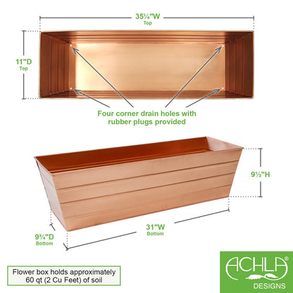 ACHLA Copper Plated Window Box 35.5in | Rustic Tin with Copper Finish | Deck & Window Planter | 35.5 x 12 x 9 in | Model C-21C