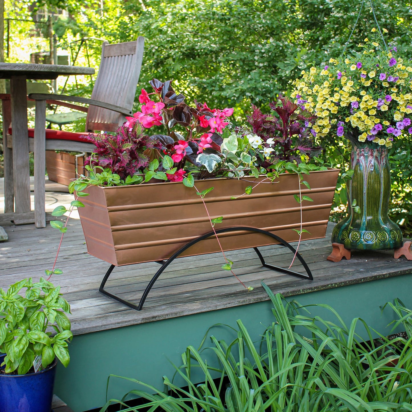 ACHLA Odette Large Flower Box Stand | Copper Plated Galvanized Steel and Black Wrought Iron | Patio & Balcony Container Gardening | Model C-21C-S