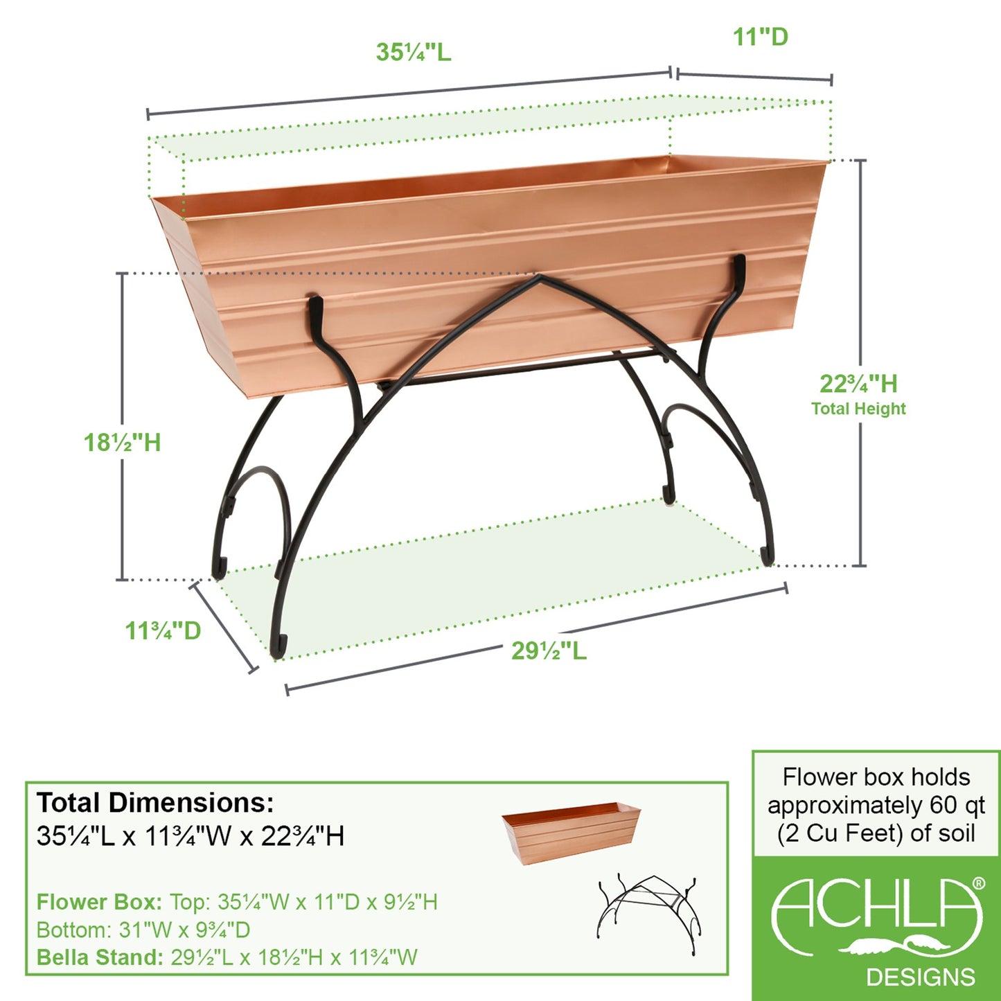 ACHLA Bella 36in Flower Box Stand | Art Deco Wrought Iron and Copper Plated Steel | Patio & Balcony Container Gardening | Model C-21C-S2