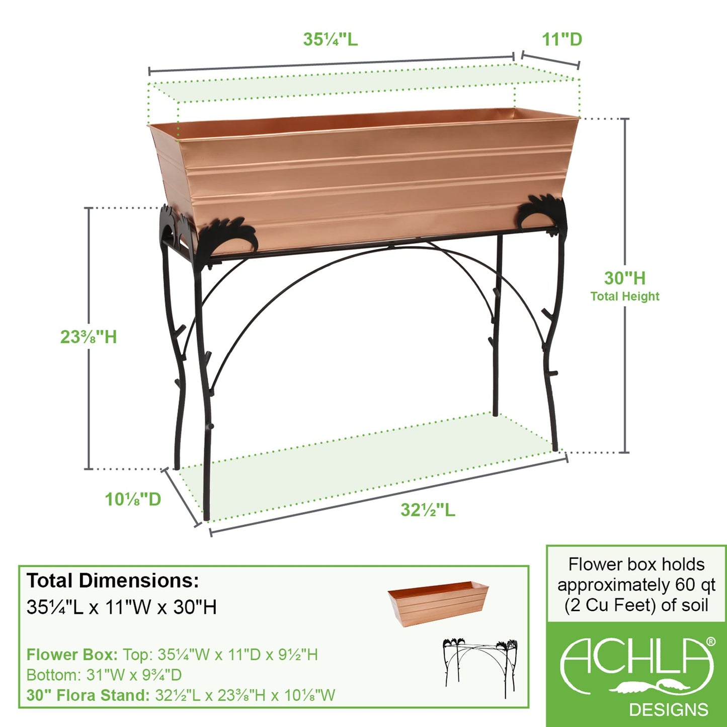 ACHLA Large 30in Flower Box Stand | Copper Plated Galvanized Steel and Black Wrought Iron | Patio & Balcony Container Gardening | Model C-21C-S4