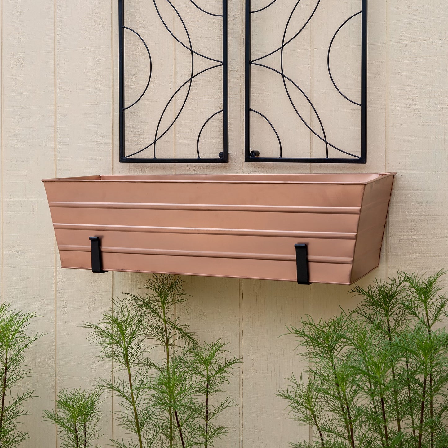 ACHLA Large Copper Flower Box with Wall Brackets | Rustic Copper Plated Galvanized Steel and Black Wrought Iron | Front Porch & | Model C-21C-WM