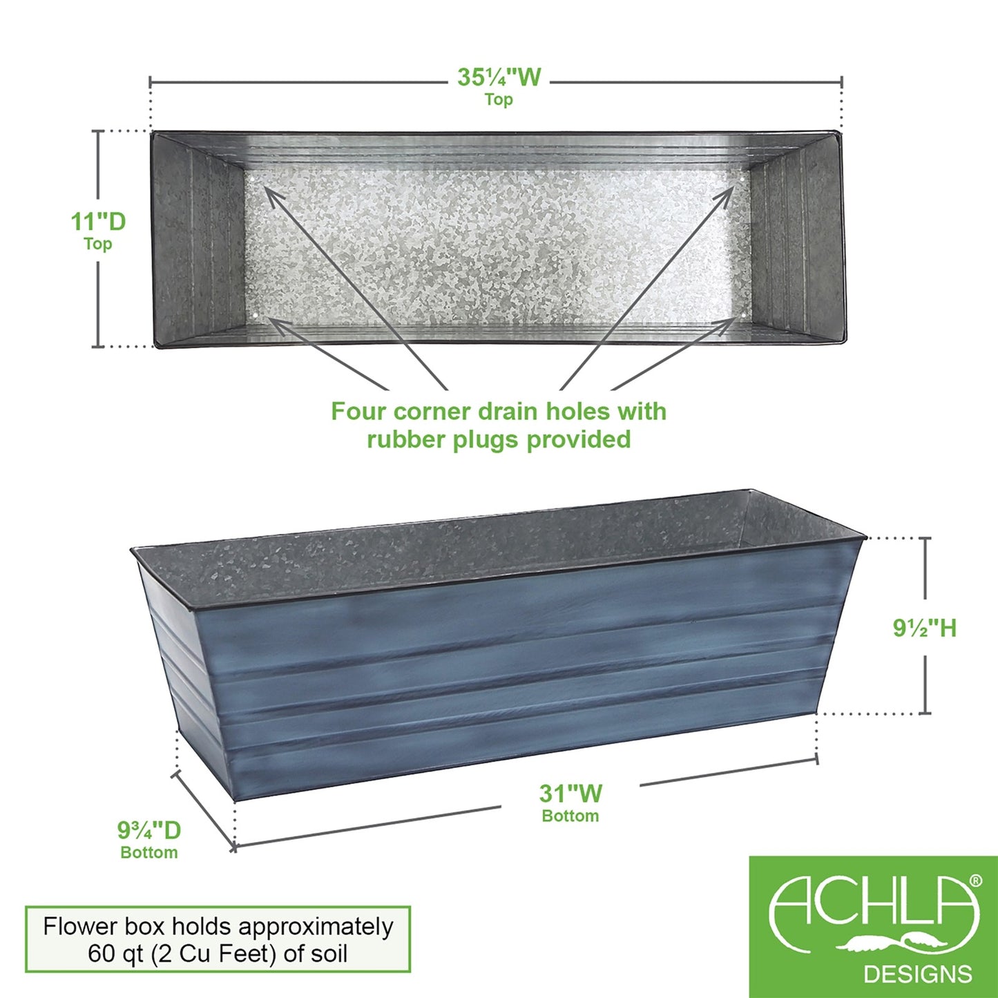 ACHLA Galvanized Steel Flower Box Planter Large | Classic Window Box Style in Nantucket Blue | Porch, Balcony & Garden Container | Model C-21NB