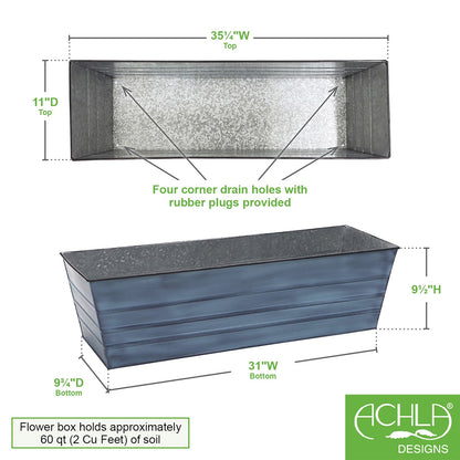 ACHLA Galvanized Steel Flower Box Planter Large | Classic Window Box Style in Nantucket Blue | Porch, Balcony & Garden Container | Model C-21NB