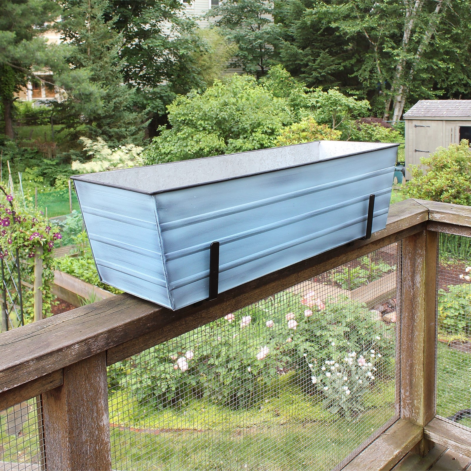 ACHLA Galvanized Steel Flower Box Planter Large | Classic Window Box Style in Nantucket Blue | Porch, Balcony & Garden Container | Model C-21NB