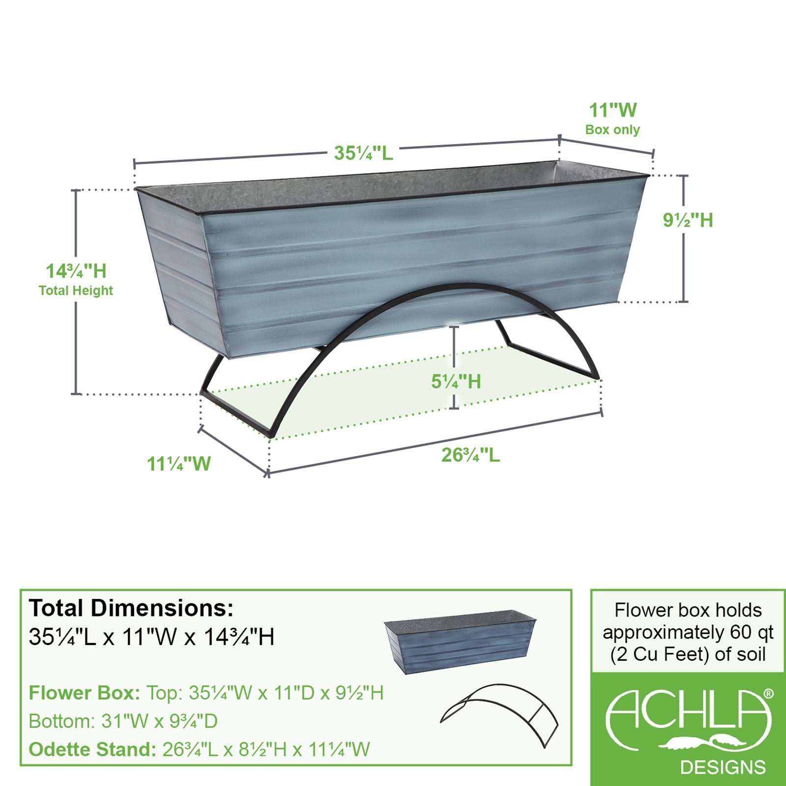 ACHLA Odette Large Flower Box Stand | Nantucket Blue Galvanized Steel and Black Wrought Iron | Patio & Balcony Container Gardening | Model C-21NB-S