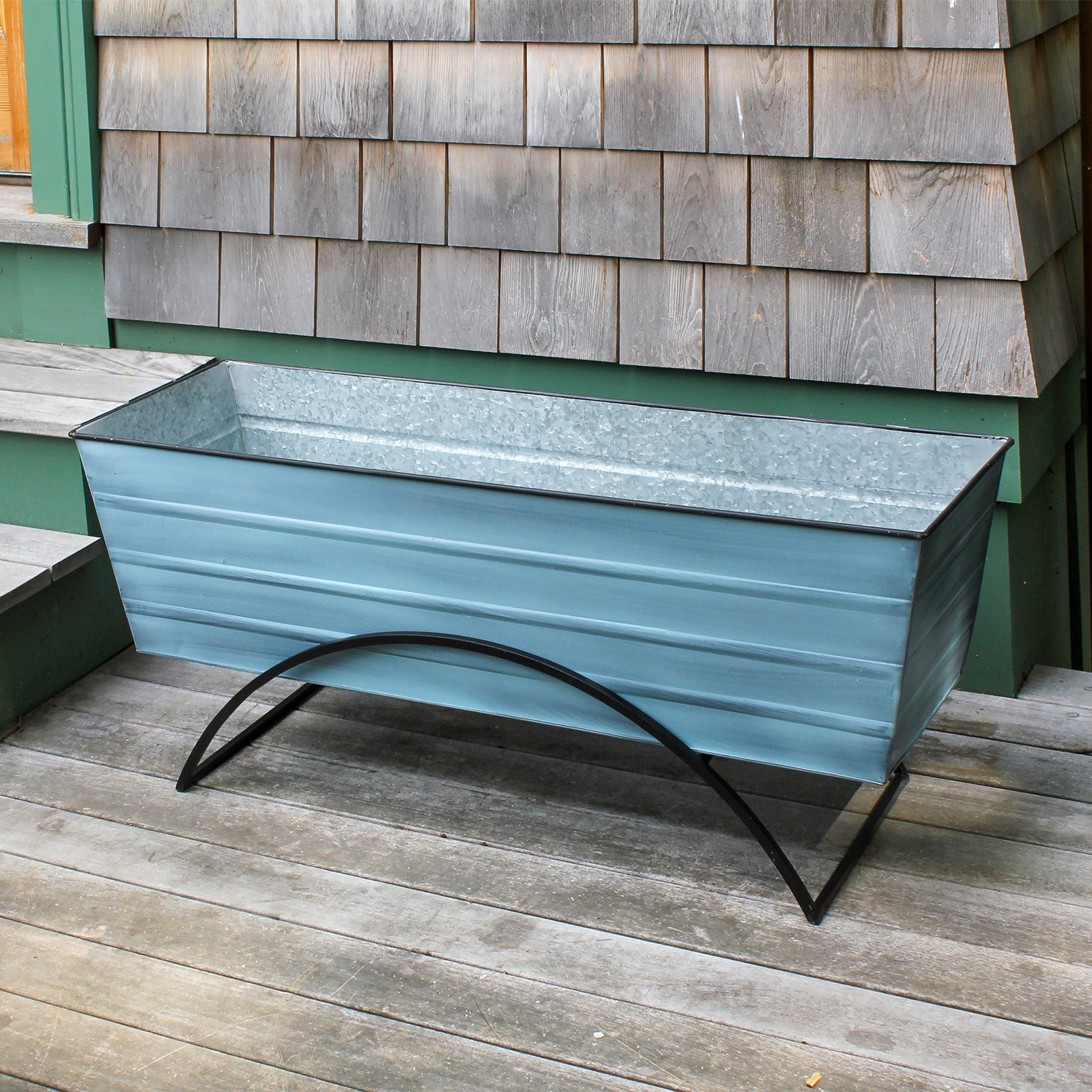 ACHLA Odette Large Flower Box Stand | Nantucket Blue Galvanized Steel and Black Wrought Iron | Patio & Balcony Container Gardening | Model C-21NB-S