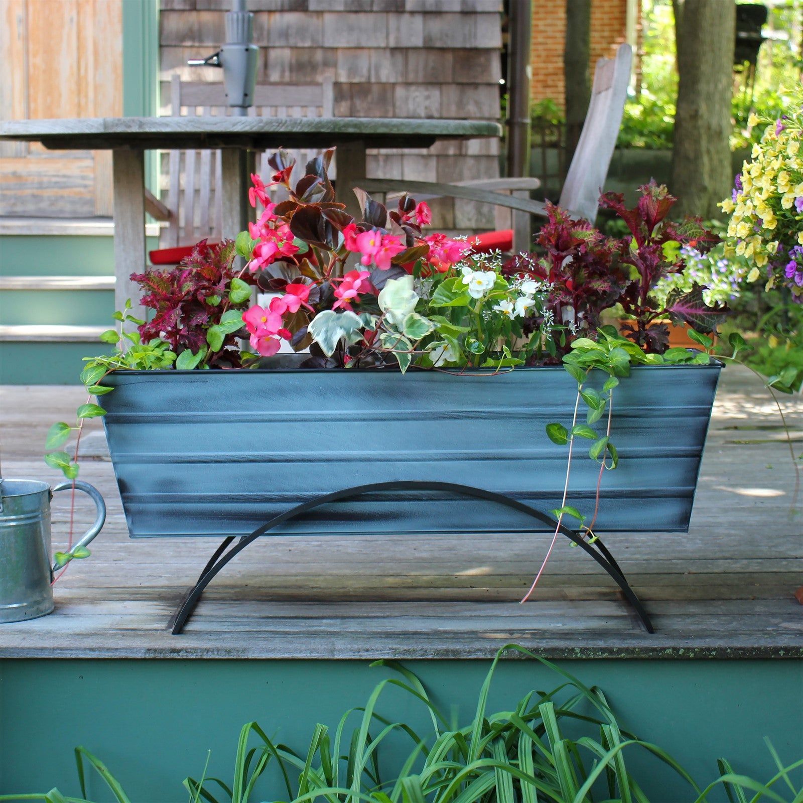 ACHLA Odette Large Flower Box Stand | Nantucket Blue Galvanized Steel and Black Wrought Iron | Patio & Balcony Container Gardening | Model C-21NB-S