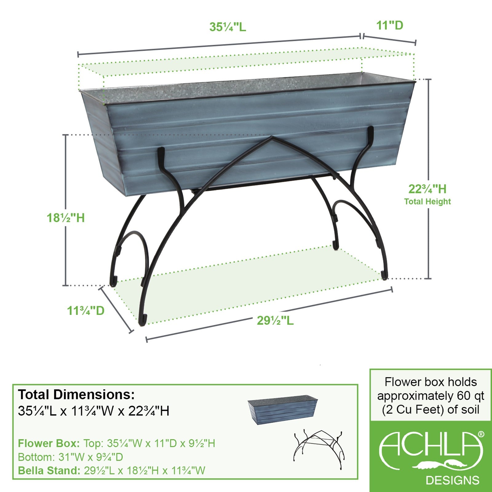 ACHLA Bella 36in Flower Box Stand | Art Deco Wrought Iron and Galvanized Steel | Patio & Deck Container Gardening | 35.25 x 11.75 x | Model C-21NB-S2