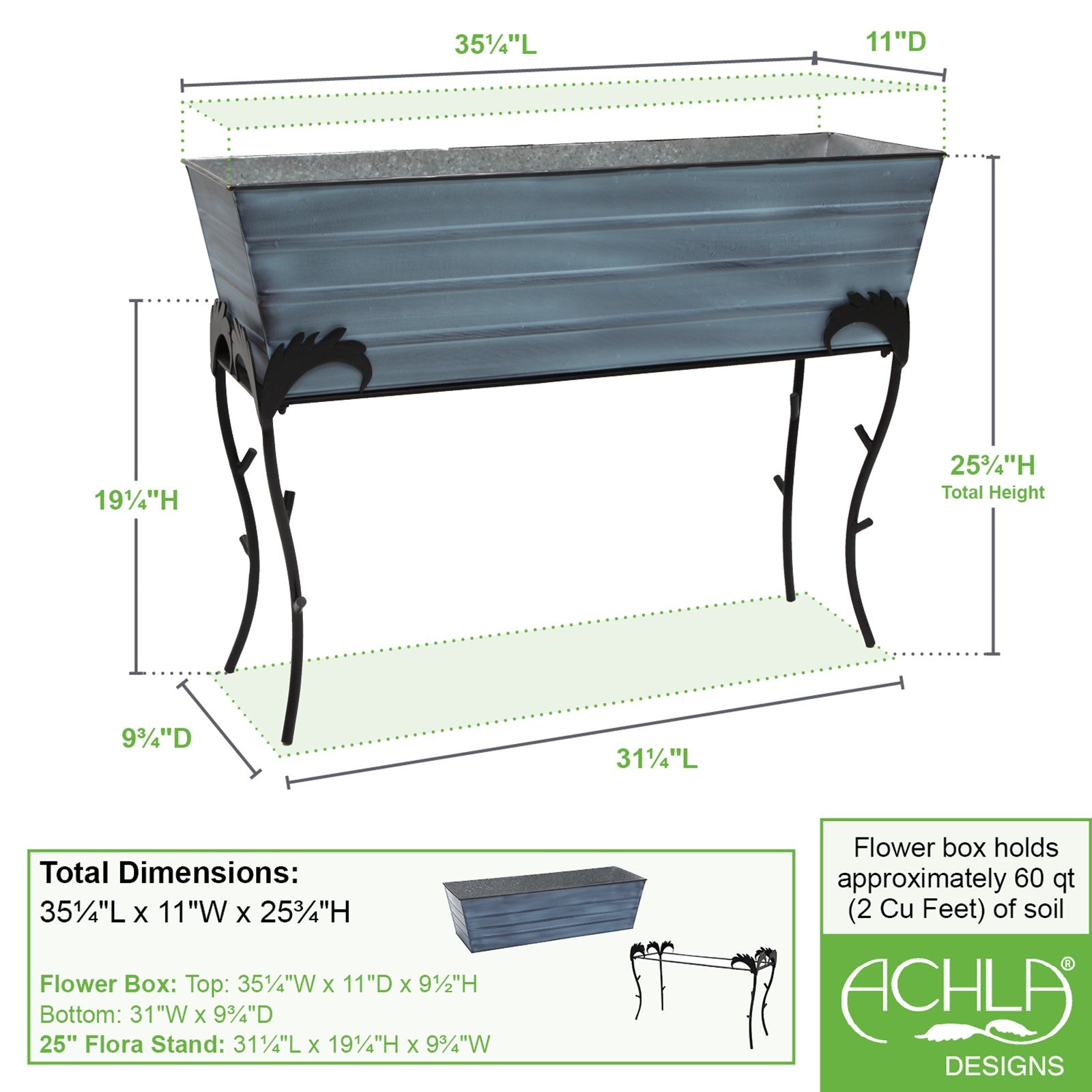 ACHLA Flora 35in Large Flower Box Stand | Nantucket Blue Galvanized Steel & Black Wrought Iron | Patio & Balcony Container Gardening | Model C-21NB-S3