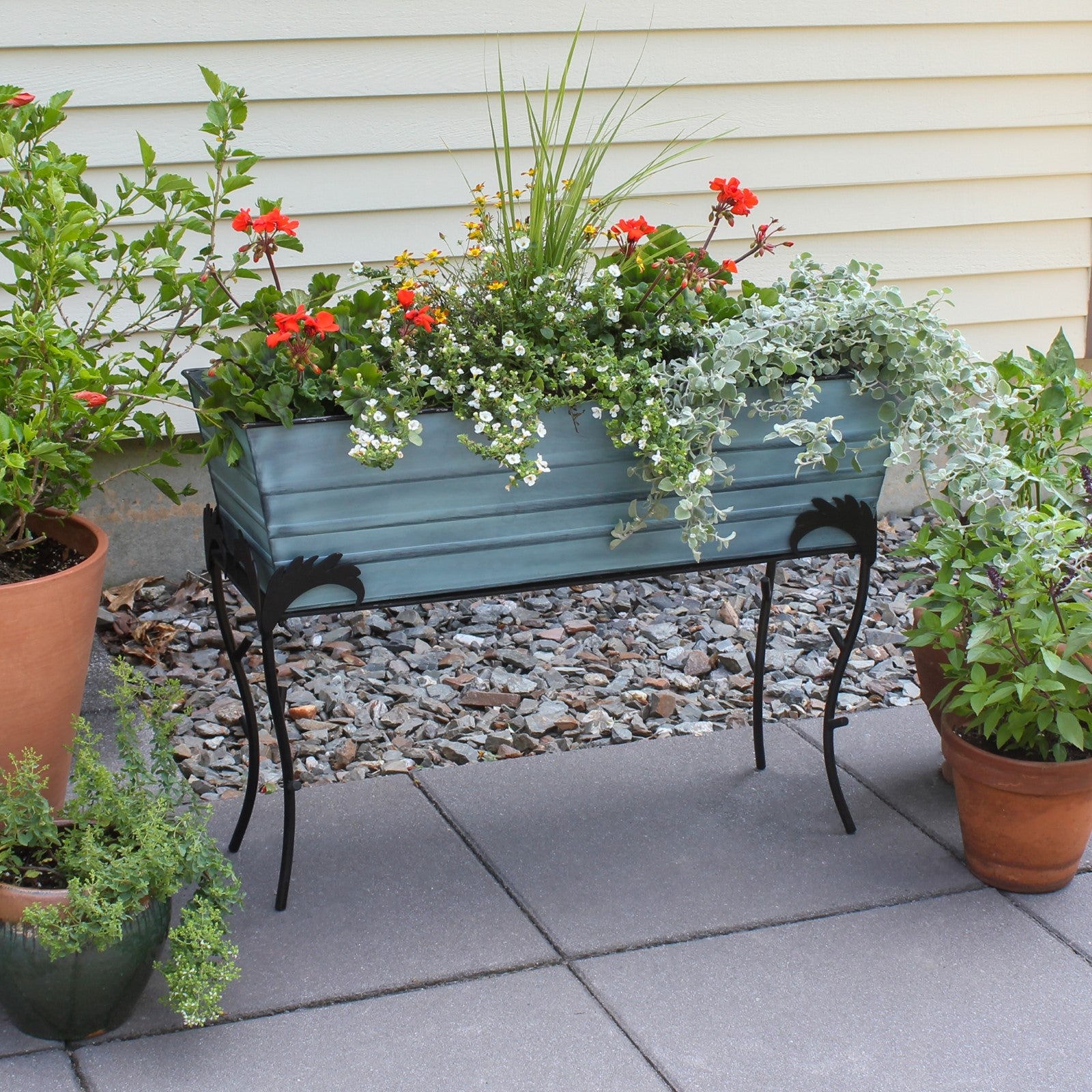 ACHLA Flora 35in Large Flower Box Stand | Nantucket Blue Galvanized Steel & Black Wrought Iron | Patio & Balcony Container Gardening | Model C-21NB-S3
