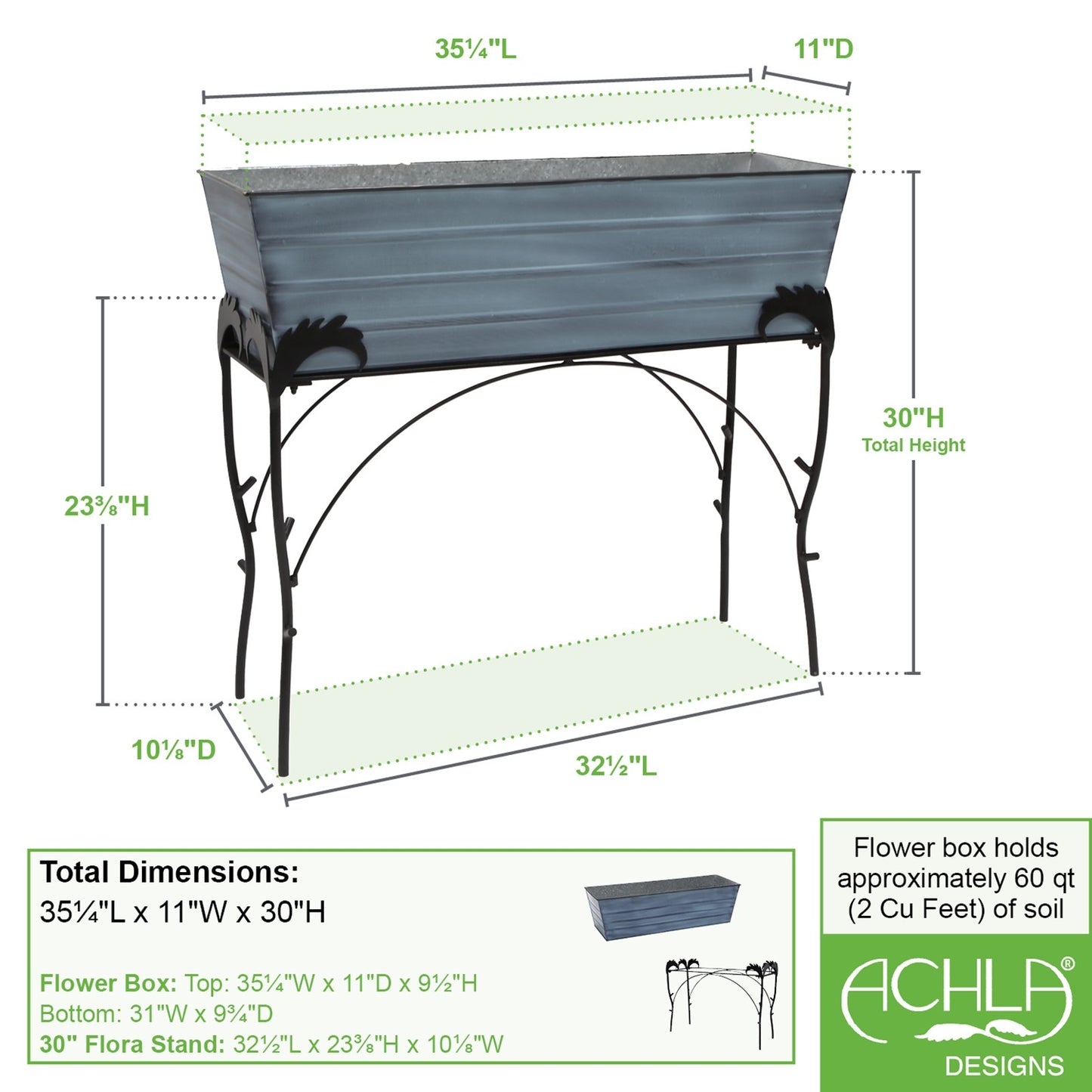 ACHLA Large 30in Flower Box Stand | Nantucket Blue Galvanized Steel and Black Wrought Iron | Patio & Balcony Container Gardening | Model C-21NB-S4