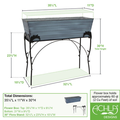 ACHLA Large 30in Flower Box Stand | Nantucket Blue Galvanized Steel and Black Wrought Iron | Patio & Balcony Container Gardening | Model C-21NB-S4