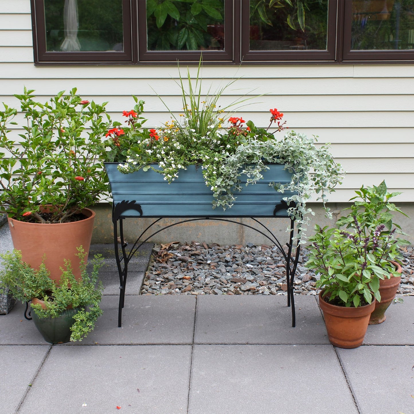 ACHLA Large 30in Flower Box Stand | Nantucket Blue Galvanized Steel and Black Wrought Iron | Patio & Balcony Container Gardening | Model C-21NB-S4