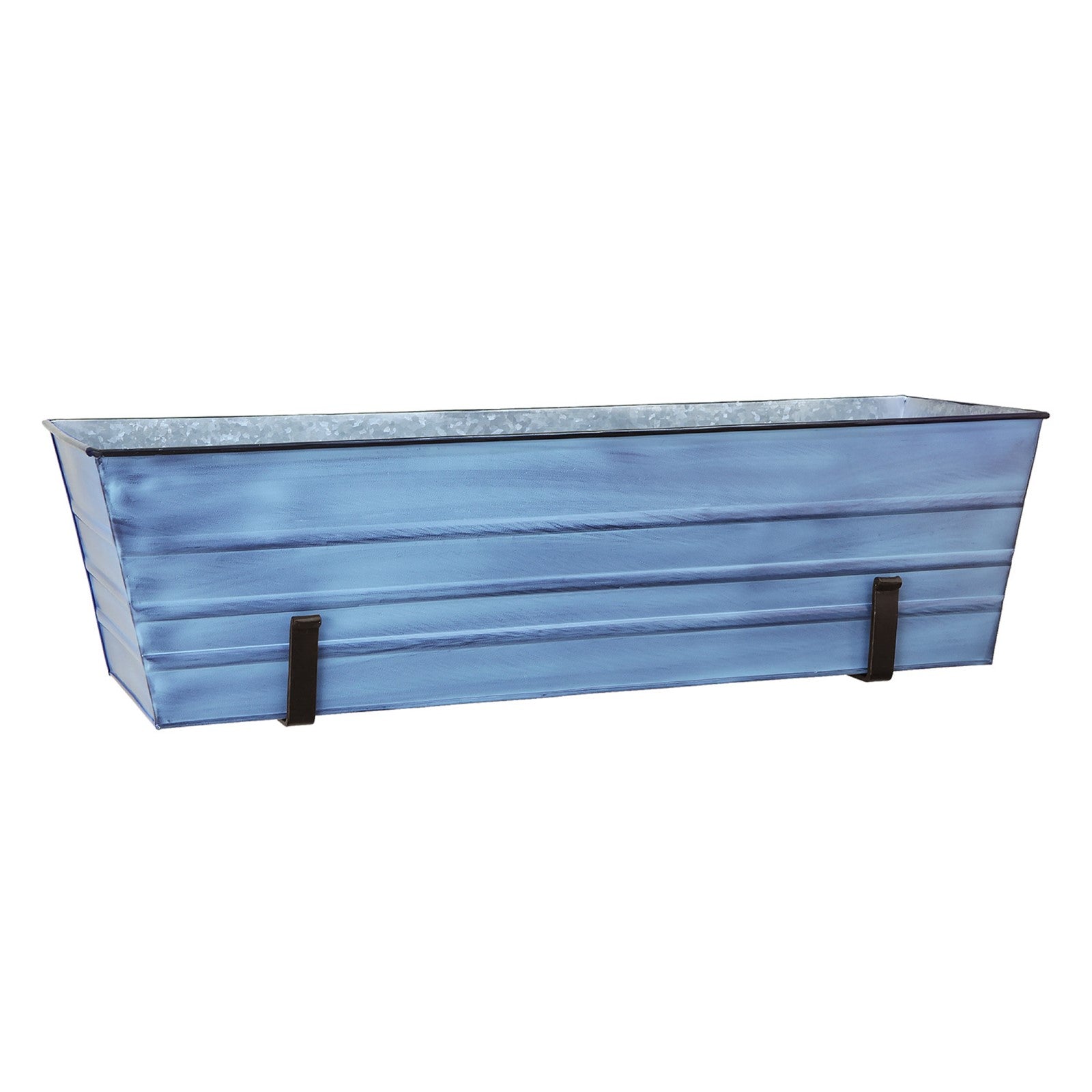 ACHLA Large Flower Box with Wall Brackets | Nantucket Blue Galvanized Steel and Black Wrought Iron | Front Porch & Balcony Container | Model C-21NB-WM