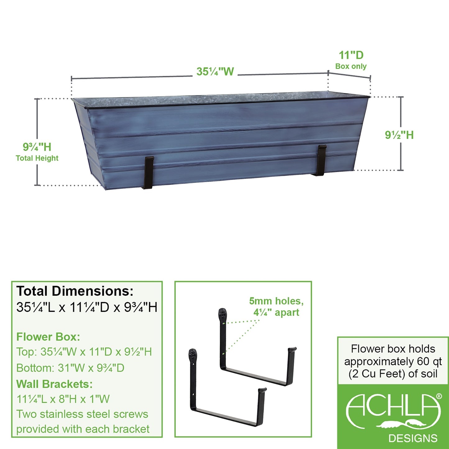 ACHLA Large Flower Box with Wall Brackets | Nantucket Blue Galvanized Steel and Black Wrought Iron | Front Porch & Balcony Container | Model C-21NB-WM