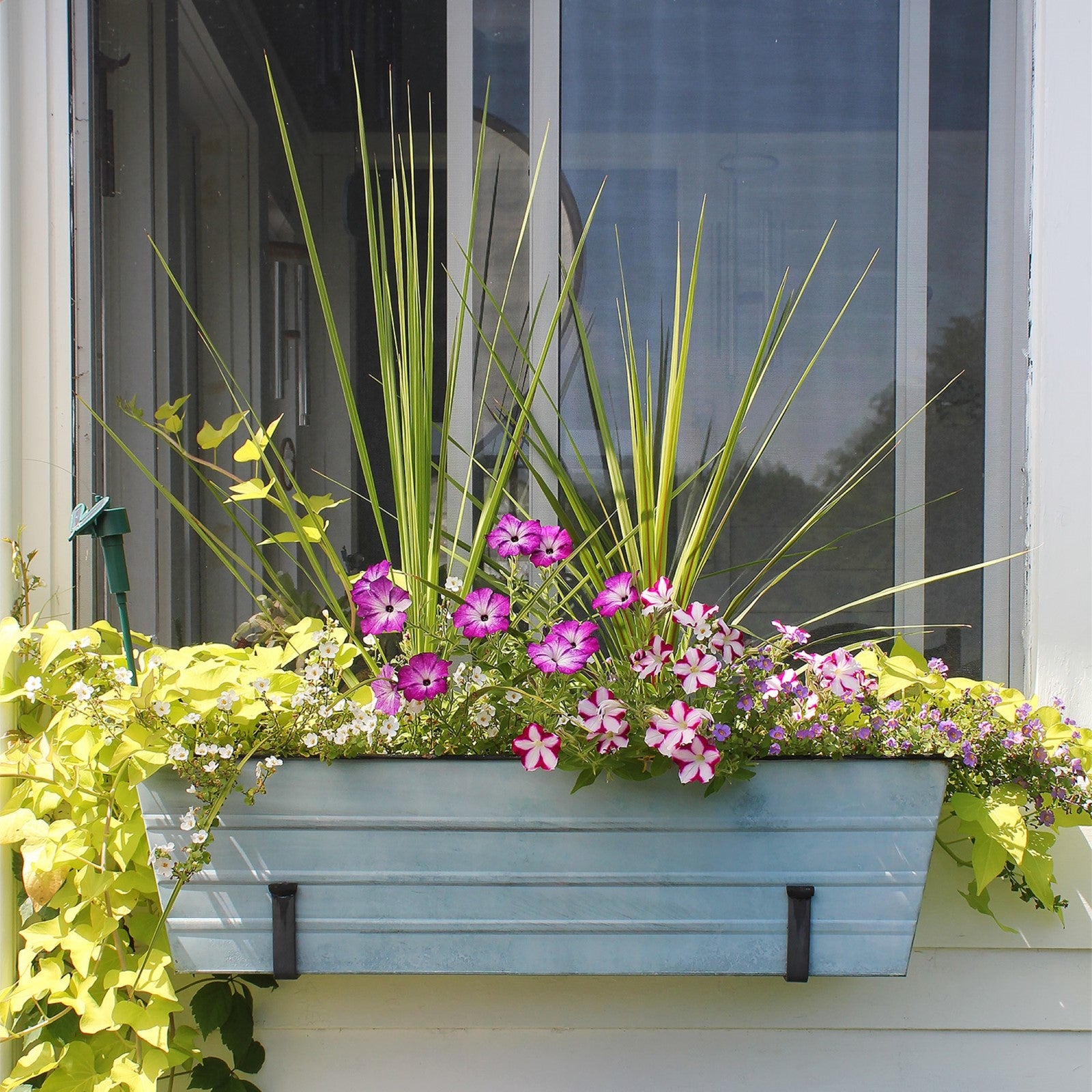 ACHLA Large Flower Box with Wall Brackets | Nantucket Blue Galvanized Steel and Black Wrought Iron | Front Porch & Balcony Container | Model C-21NB-WM
