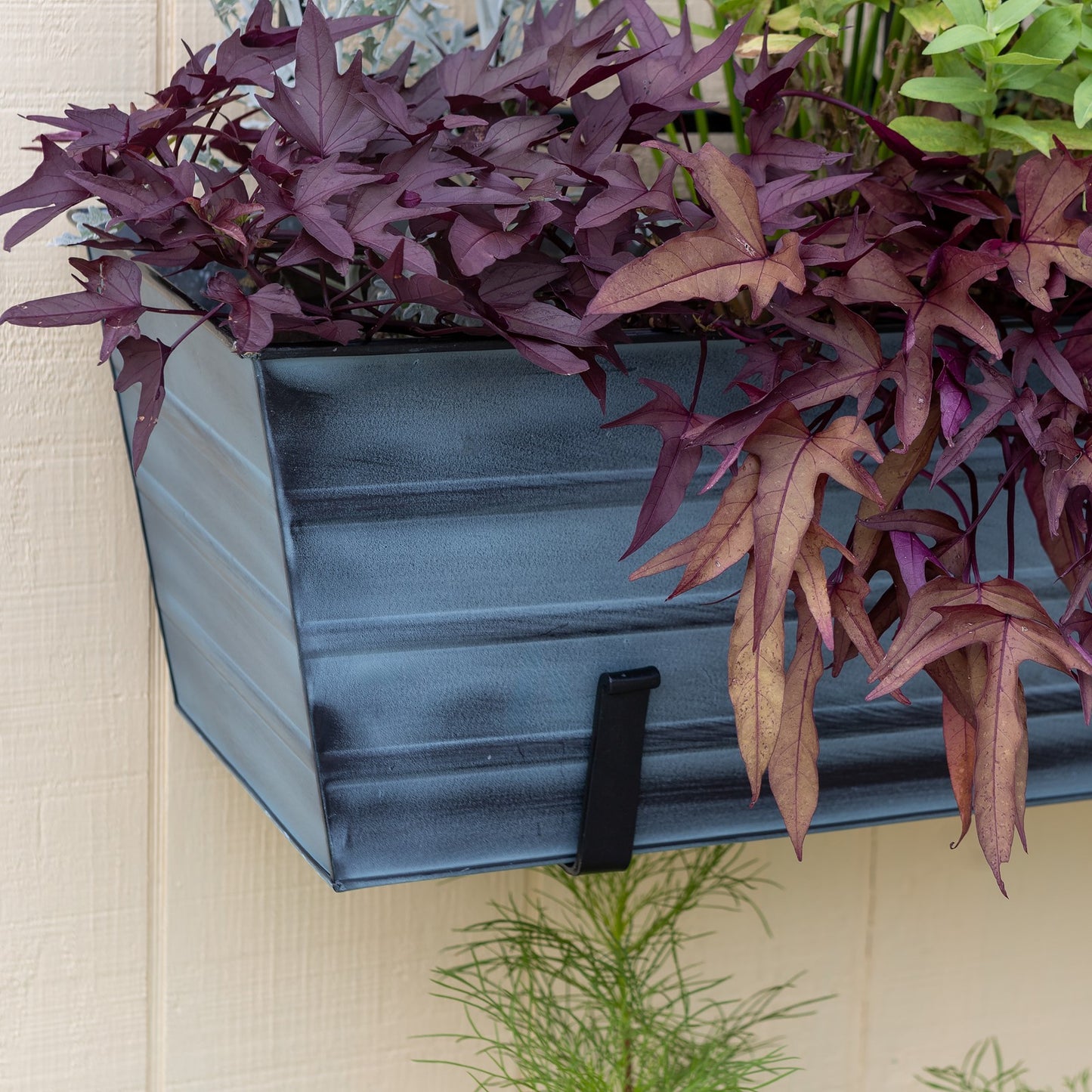 ACHLA Large Flower Box with Wall Brackets | Nantucket Blue Galvanized Steel and Black Wrought Iron | Front Porch & Balcony Container | Model C-21NB-WM