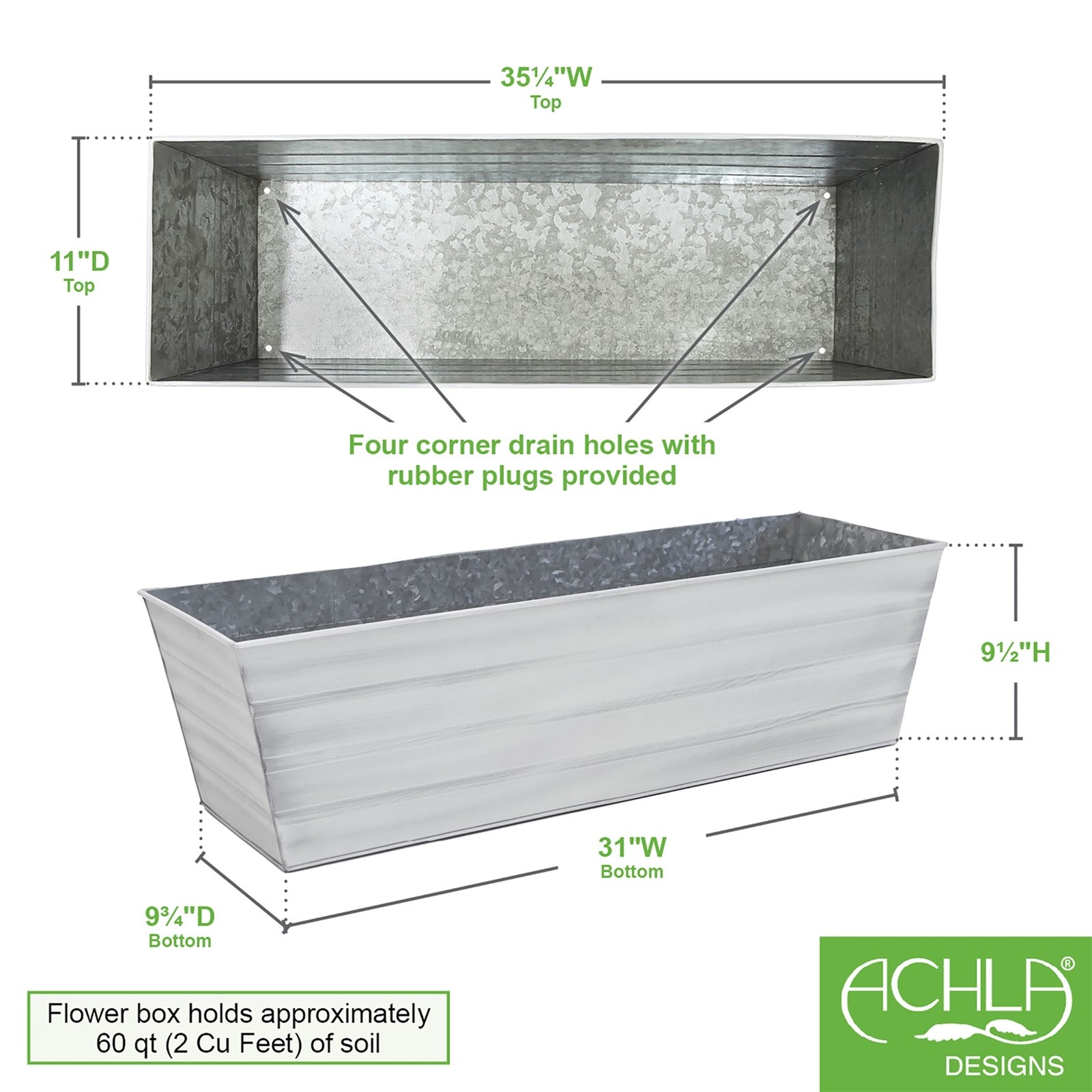 ACHLA Galvanized Steel Large Flower Box Planter | Cape Cod White Rolled Edge | Window Box & Balcony Container Garden | Model C-21W