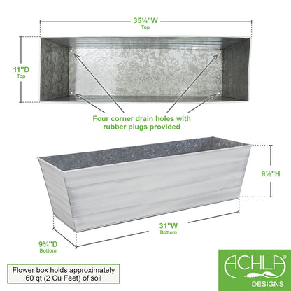 ACHLA Galvanized Steel Large Flower Box Planter | Cape Cod White Rolled Edge | Window Box & Balcony Container Garden | Model C-21W