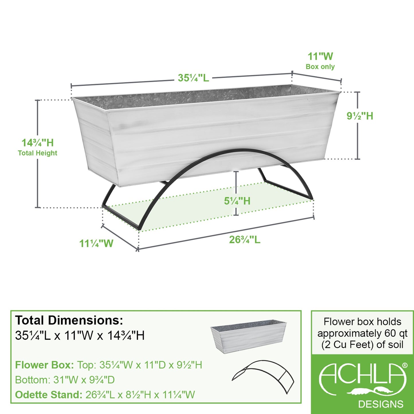 ACHLA Odette Large Flower Box Stand | Cape Cod White Galvanized Steel and Black Wrought Iron | Patio & Balcony Container Gardening | Model C-21W-S