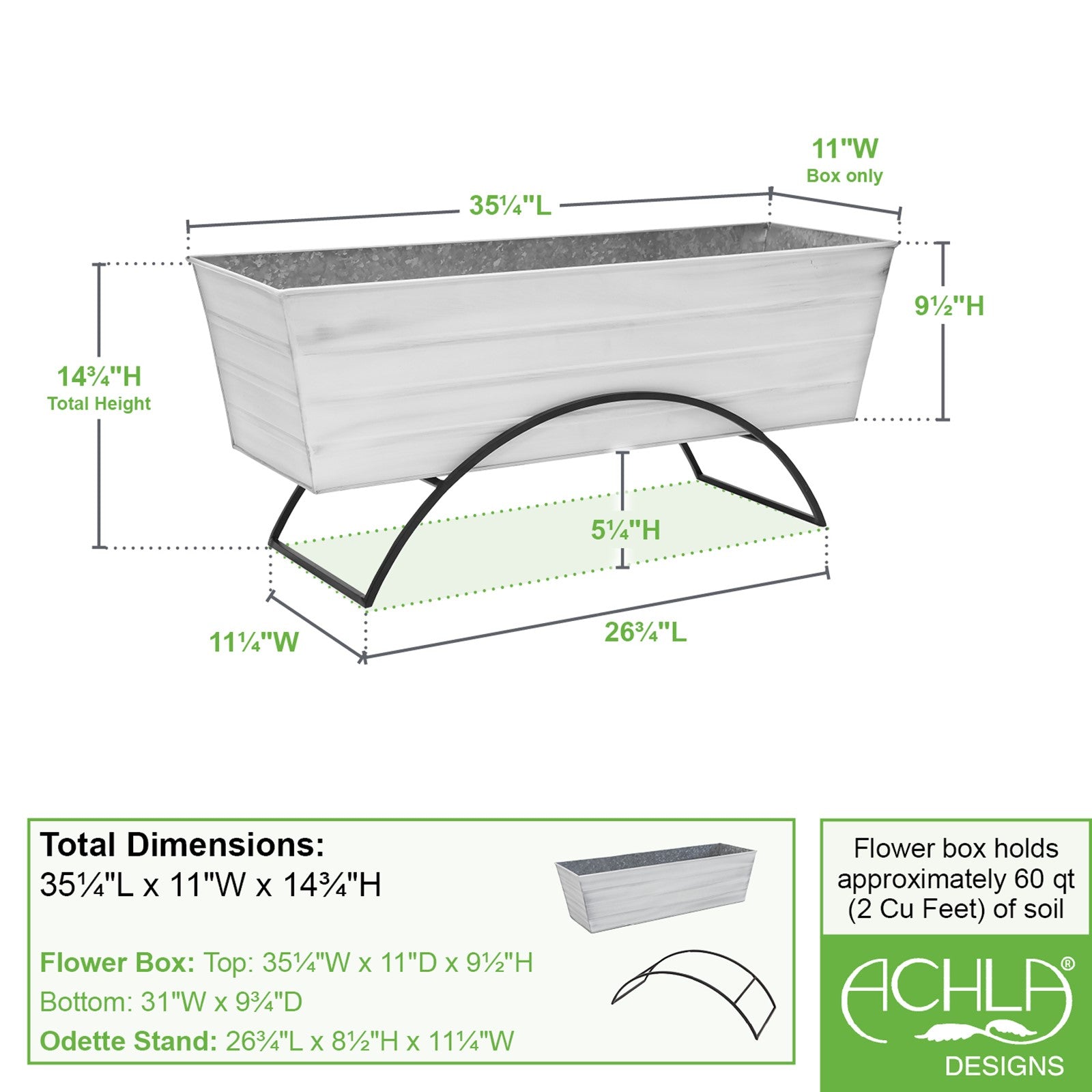 ACHLA Odette Large Flower Box Stand | Cape Cod White Galvanized Steel and Black Wrought Iron | Patio & Balcony Container Gardening | Model C-21W-S
