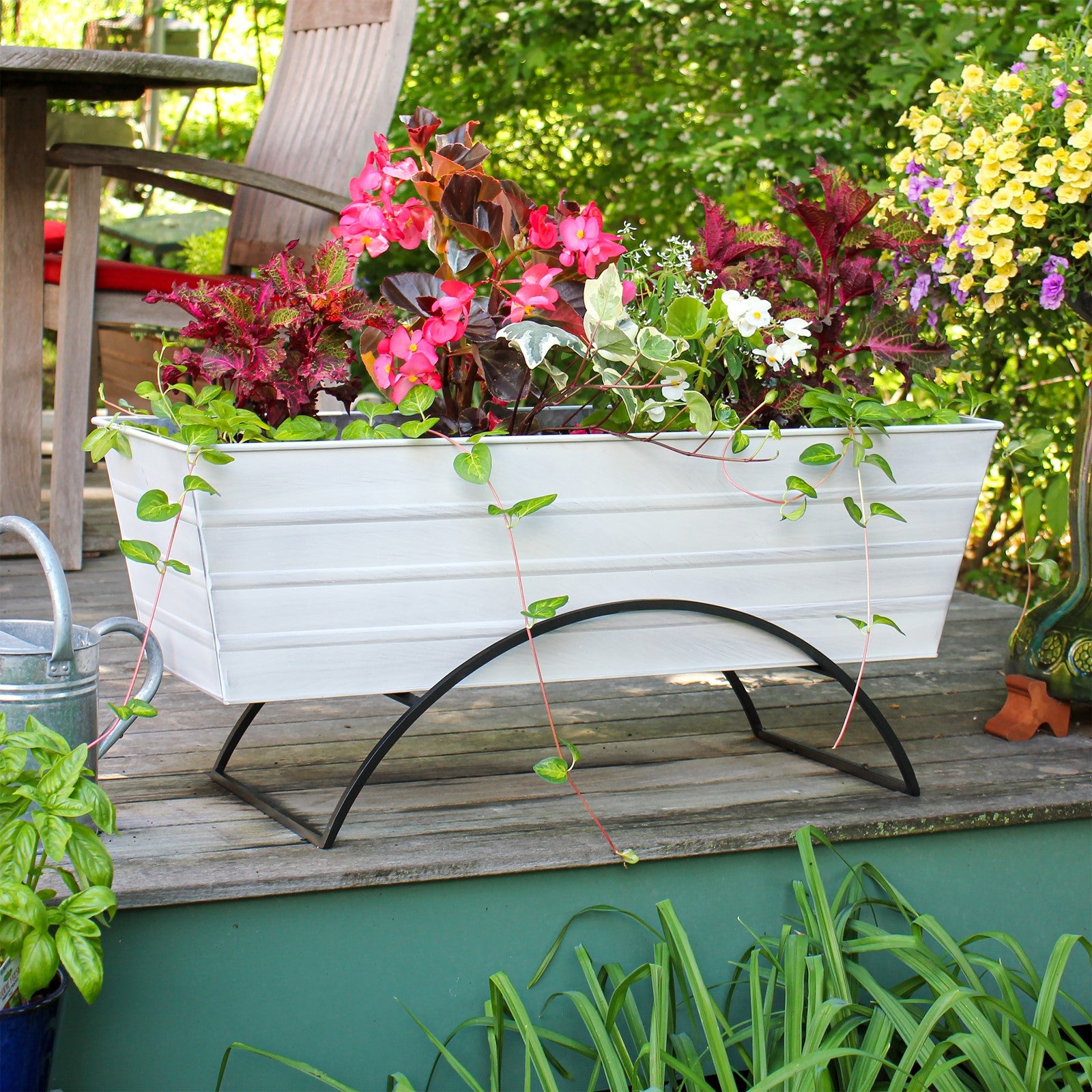 ACHLA Odette Large Flower Box Stand | Cape Cod White Galvanized Steel and Black Wrought Iron | Patio & Balcony Container Gardening | Model C-21W-S