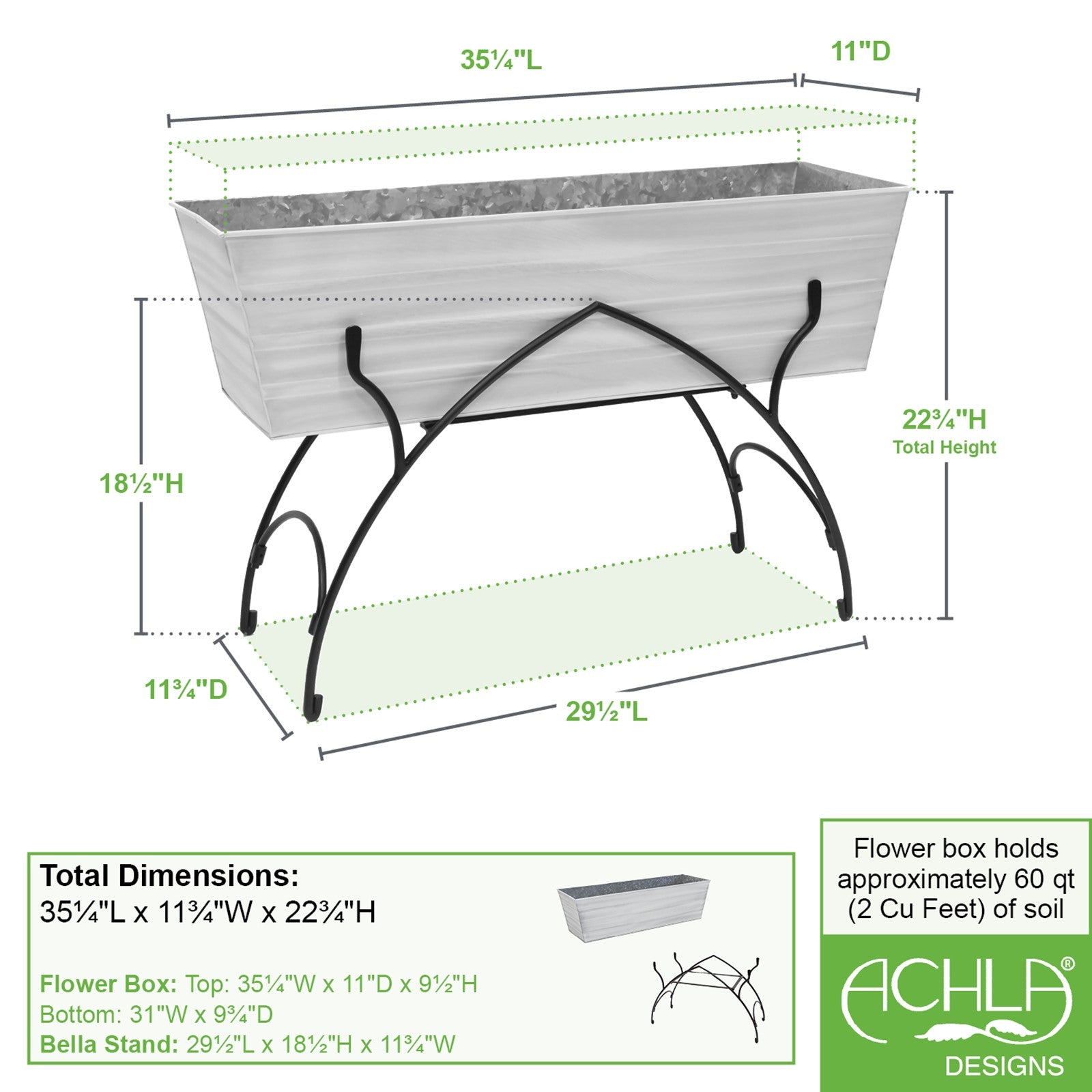 ACHLA Bella 36in Large Flower Box Stand | Art Deco Wrought Iron and Galvanized Steel | Patio & Balcony Container Gardening | Model C-21W-S2