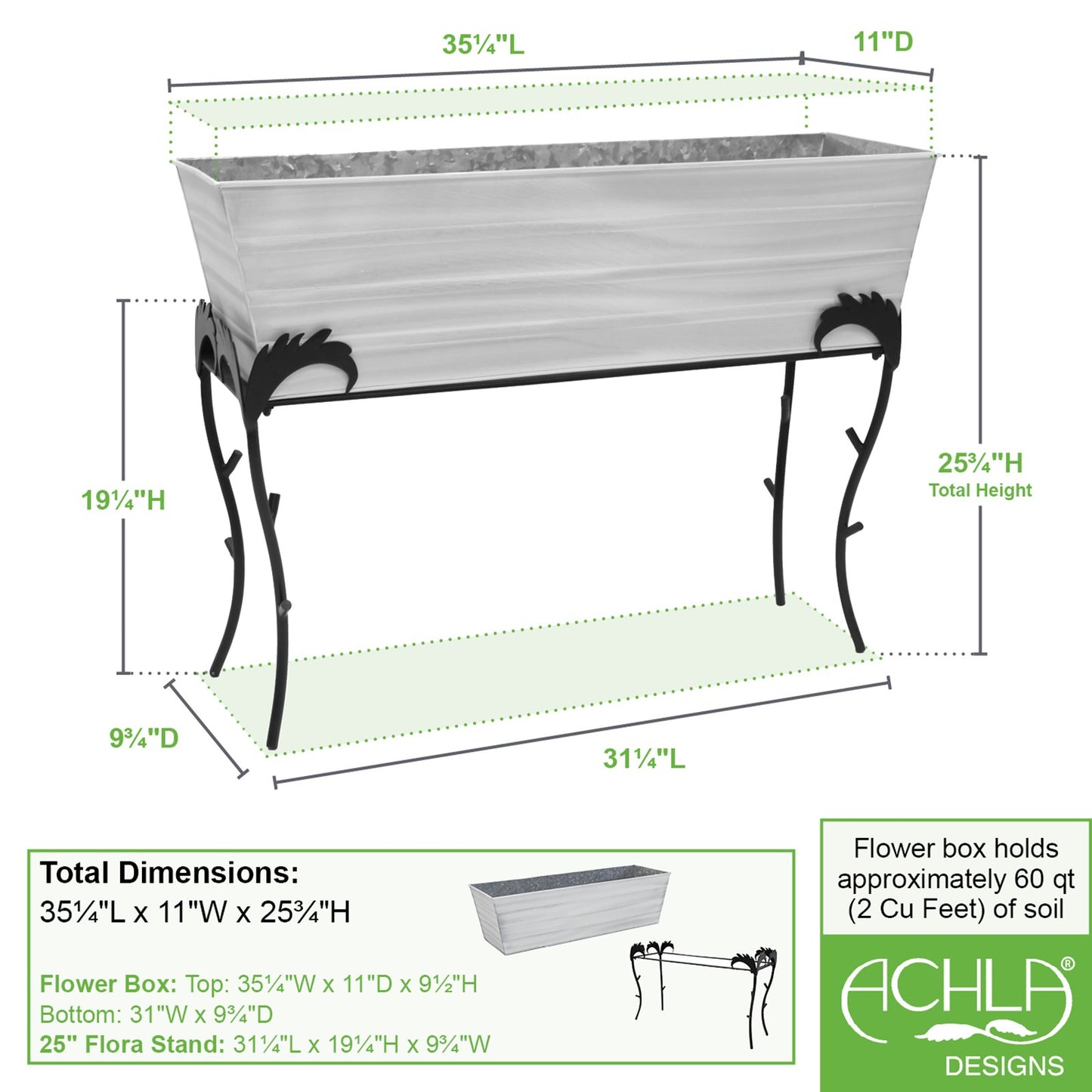 ACHLA Large 25in Flower Box Stand | Cape Cod White Galvanized Steel and Black Wrought Iron | Patio & Balcony Container Gardening | Model C-21W-S3