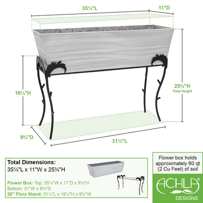 ACHLA Large 25in Flower Box Stand | Cape Cod White Galvanized Steel and Black Wrought Iron | Patio & Balcony Container Gardening | Model C-21W-S3