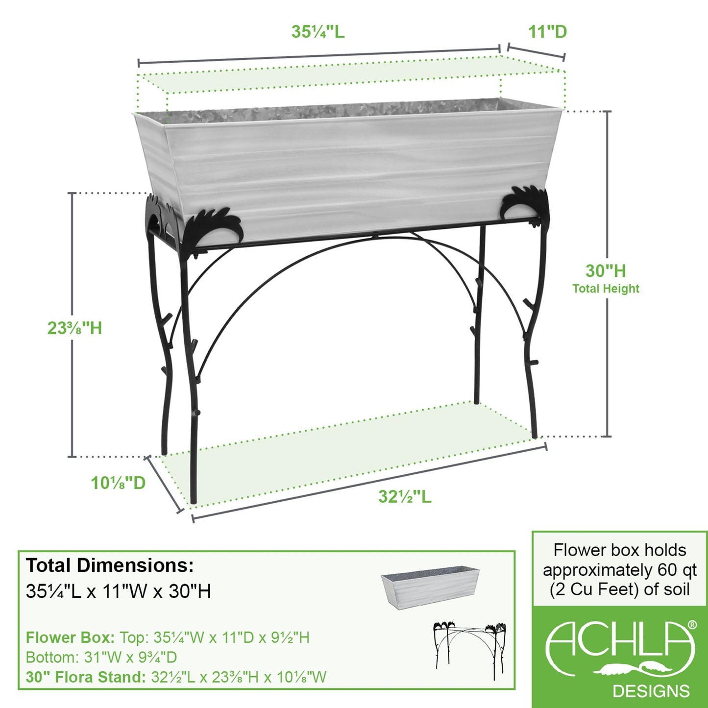 ACHLA Cape Cod White 30in Flower Box Stand | Galvanized Steel Planter on Wrought Iron Frame | Patio & Balcony Container Gardening | Model C-21W-S4