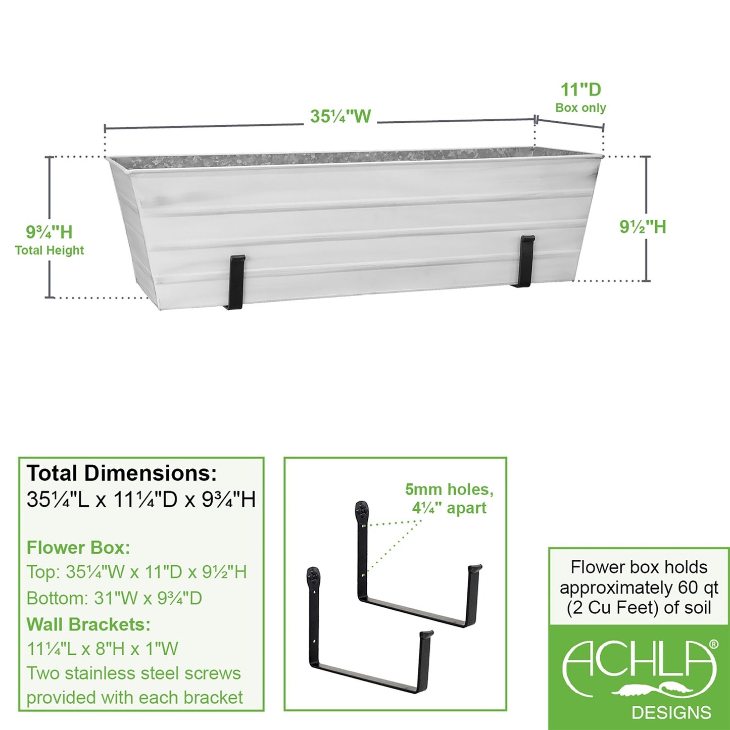ACHLA Large Flower Box with Wall Brackets | Cape Cod White Galvanized Steel and Black Wrought Iron | Front Porch & Balcony Planter | Model C-21W-WM
