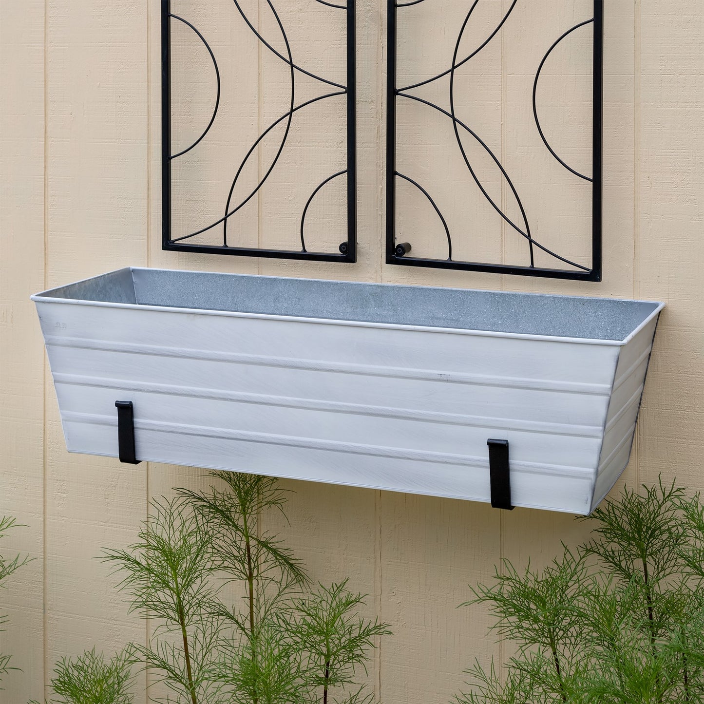 ACHLA Large Flower Box with Wall Brackets | Cape Cod White Galvanized Steel and Black Wrought Iron | Front Porch & Balcony Planter | Model C-21W-WM
