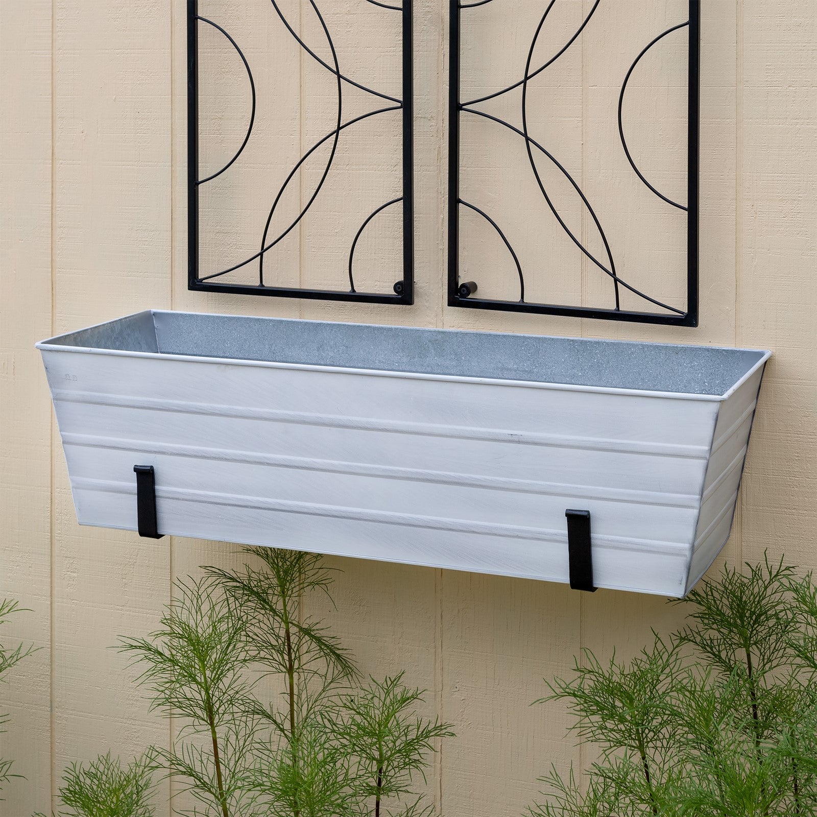 ACHLA Large Flower Box with Wall Brackets | Cape Cod White Galvanized Steel and Black Wrought Iron | Front Porch & Balcony Planter | Model C-21W-WM