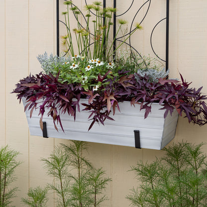 ACHLA Large Flower Box with Wall Brackets | Cape Cod White Galvanized Steel and Black Wrought Iron | Front Porch & Balcony Planter | Model C-21W-WM