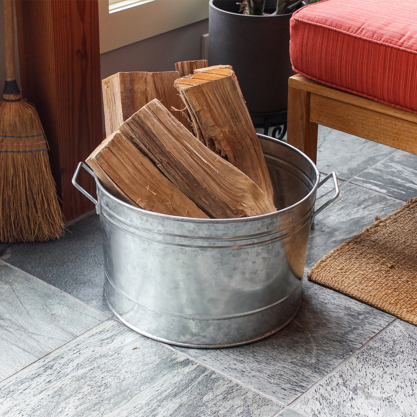ACHLA Round Steel Tub 16in | Galvanized Farmhouse Style | Beverage Chiller, Log Holder & Plant Container | 16 x 16 x 11 in | Model C-50