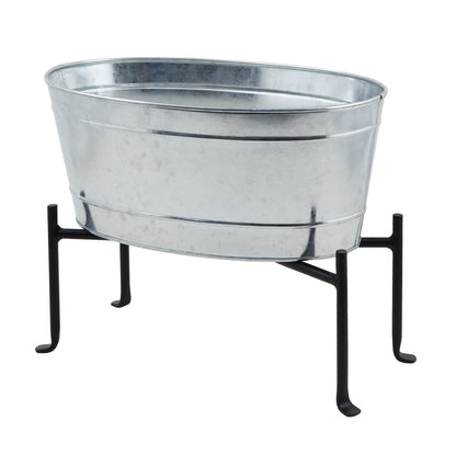 ACHLA Mini Oval Galvanized Tub with Folding Stand | Steel and Black Powdercoat Wrought Iron | Patio Beverage Chiller & Container | Model C-51M-S1