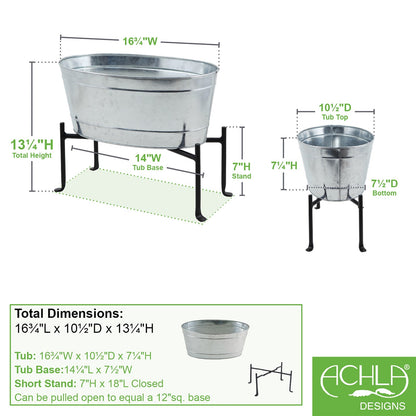 ACHLA Mini Oval Galvanized Tub with Folding Stand | Steel and Black Powdercoat Wrought Iron | Patio Beverage Chiller & Container | Model C-51M-S1
