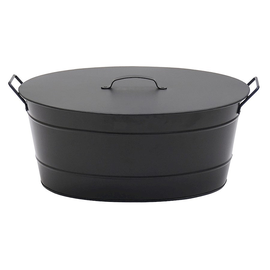 ACHLA Oval Tub with Lid | Black Powder-Coated Steel Farmhouse Log Bin | Fireplace Hearth & Wood Stove Storage | 21 x 15 x 9 in | Model C-51MC