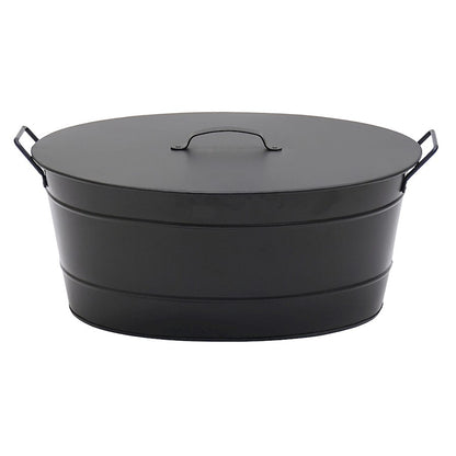 ACHLA Oval Tub with Lid | Black Powder-Coated Steel Farmhouse Log Bin | Fireplace Hearth & Wood Stove Storage | 21 x 15 x 9 in | Model C-51MC