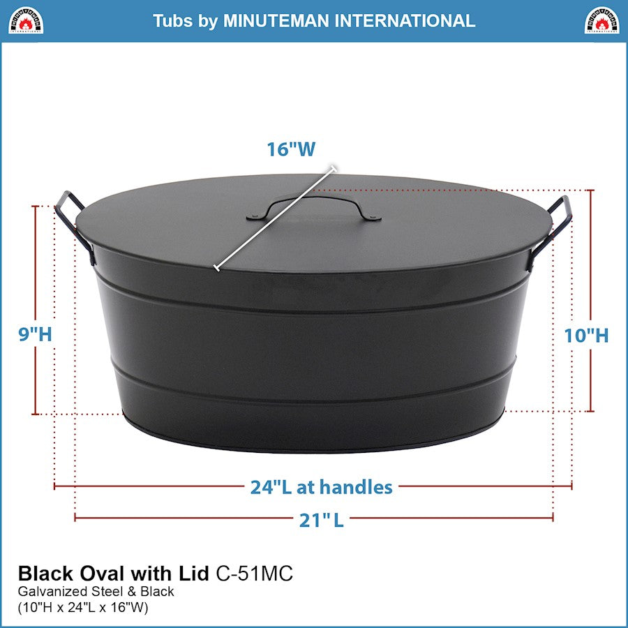 ACHLA Oval Tub with Lid | Black Powder-Coated Steel Farmhouse Log Bin | Fireplace Hearth & Wood Stove Storage | 21 x 15 x 9 in | Model C-51MC