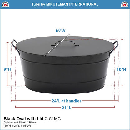 ACHLA Oval Tub with Lid | Black Powder-Coated Steel Farmhouse Log Bin | Fireplace Hearth & Wood Stove Storage | 21 x 15 x 9 in | Model C-51MC