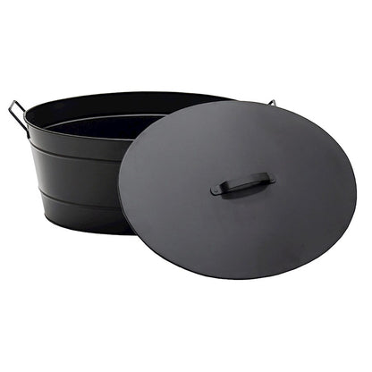 ACHLA Oval Tub with Lid | Black Powder-Coated Steel Farmhouse Log Bin | Fireplace Hearth & Wood Stove Storage | 21 x 15 x 9 in | Model C-51MC