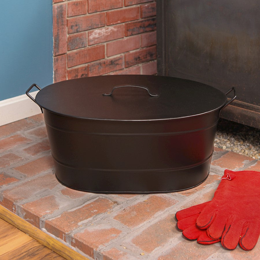 ACHLA Oval Tub with Lid | Black Powder-Coated Steel Farmhouse Log Bin | Fireplace Hearth & Wood Stove Storage | 21 x 15 x 9 in | Model C-51MC