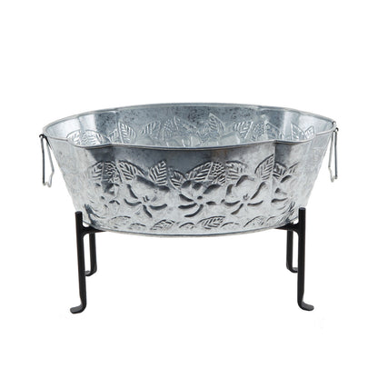 ACHLA Embossed Oval Tub with Folding Stand | Galvanized Steel and Black Wrought Iron | Patio & Garden Beverage Chiller & Planter | Model C-52-S1