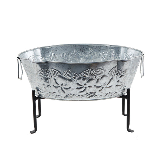 ACHLA Embossed Oval Tub with Folding Stand | Galvanized Steel and Black Wrought Iron | Patio & Garden Beverage Chiller & Planter | Model C-52-S1