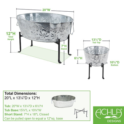 ACHLA Embossed Oval Tub with Folding Stand | Galvanized Steel and Black Wrought Iron | Patio & Garden Beverage Chiller & Planter | Model C-52-S1
