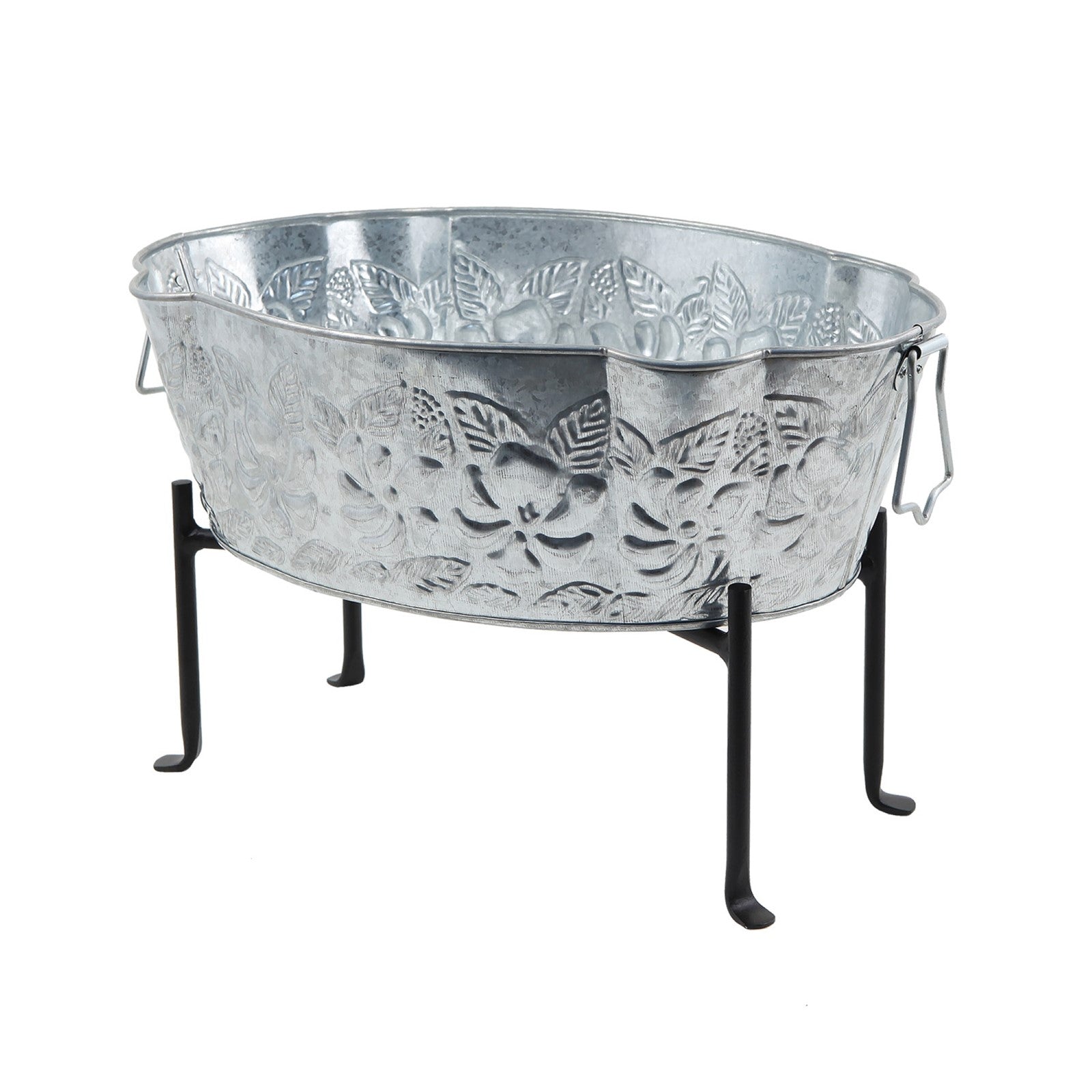 ACHLA Embossed Oval Tub with Folding Stand | Galvanized Steel and Black Wrought Iron | Patio & Garden Beverage Chiller & Planter | Model C-52-S1